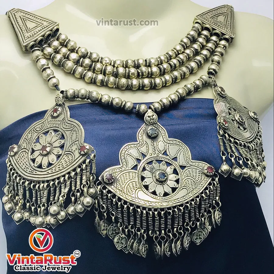 Vintage Silver Three Massive Dangling Pendants Necklace