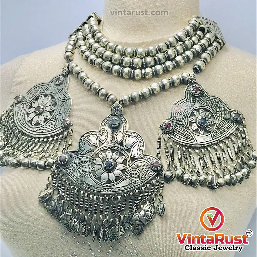 Vintage Silver Three Massive Dangling Pendants Necklace