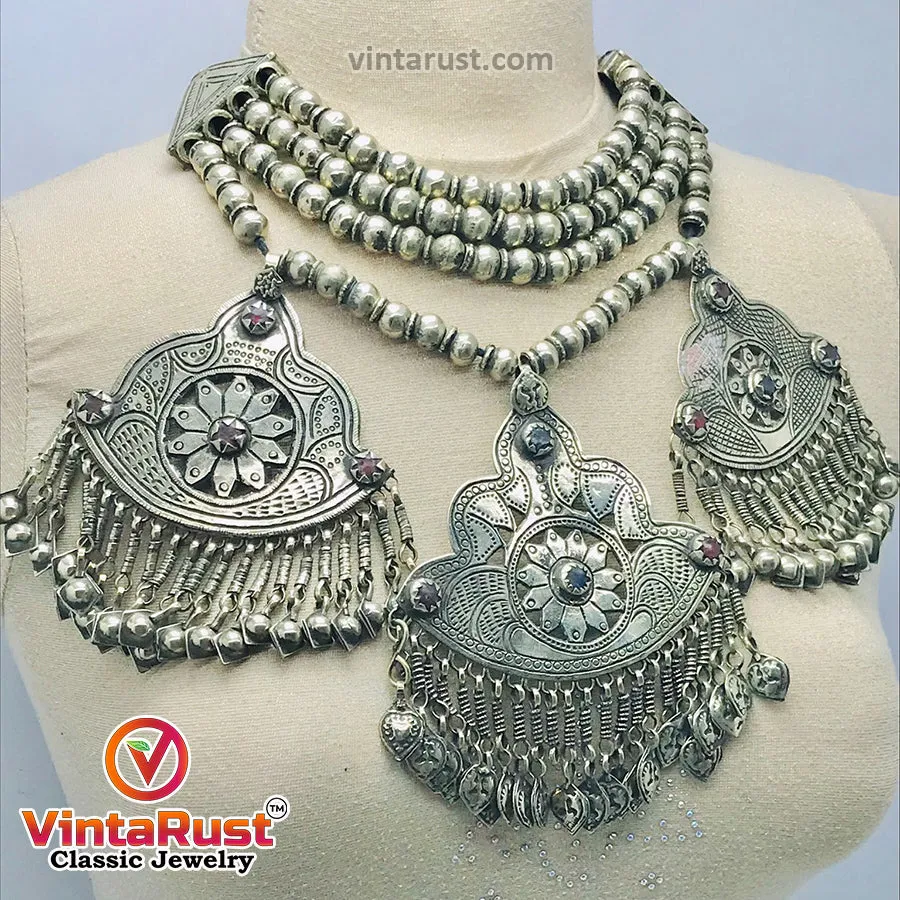 Vintage Silver Three Massive Dangling Pendants Necklace