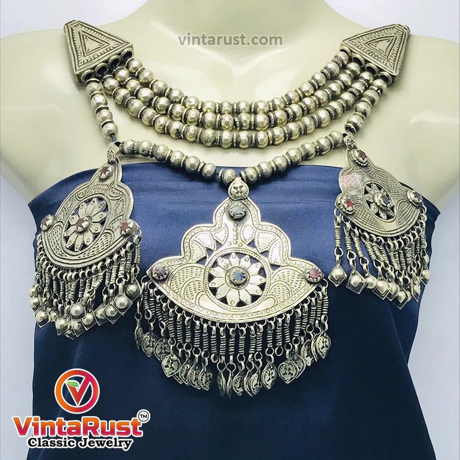 Vintage Silver Three Massive Dangling Pendants Necklace