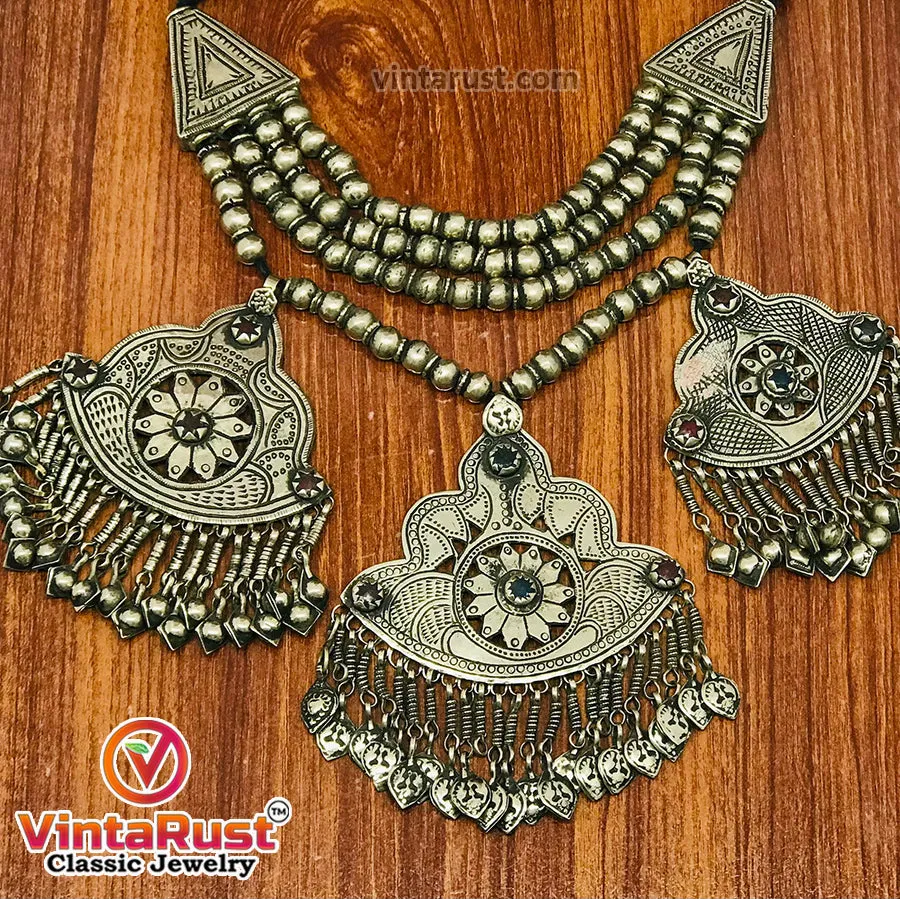 Vintage Silver Three Massive Dangling Pendants Necklace