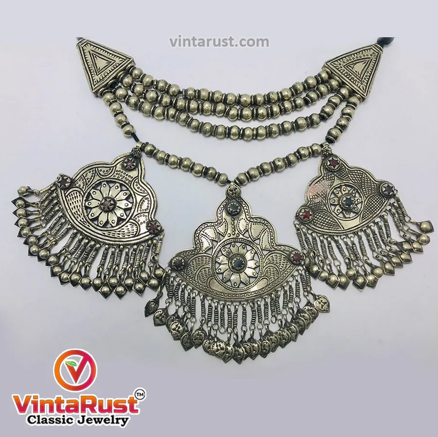 Vintage Silver Three Massive Dangling Pendants Necklace