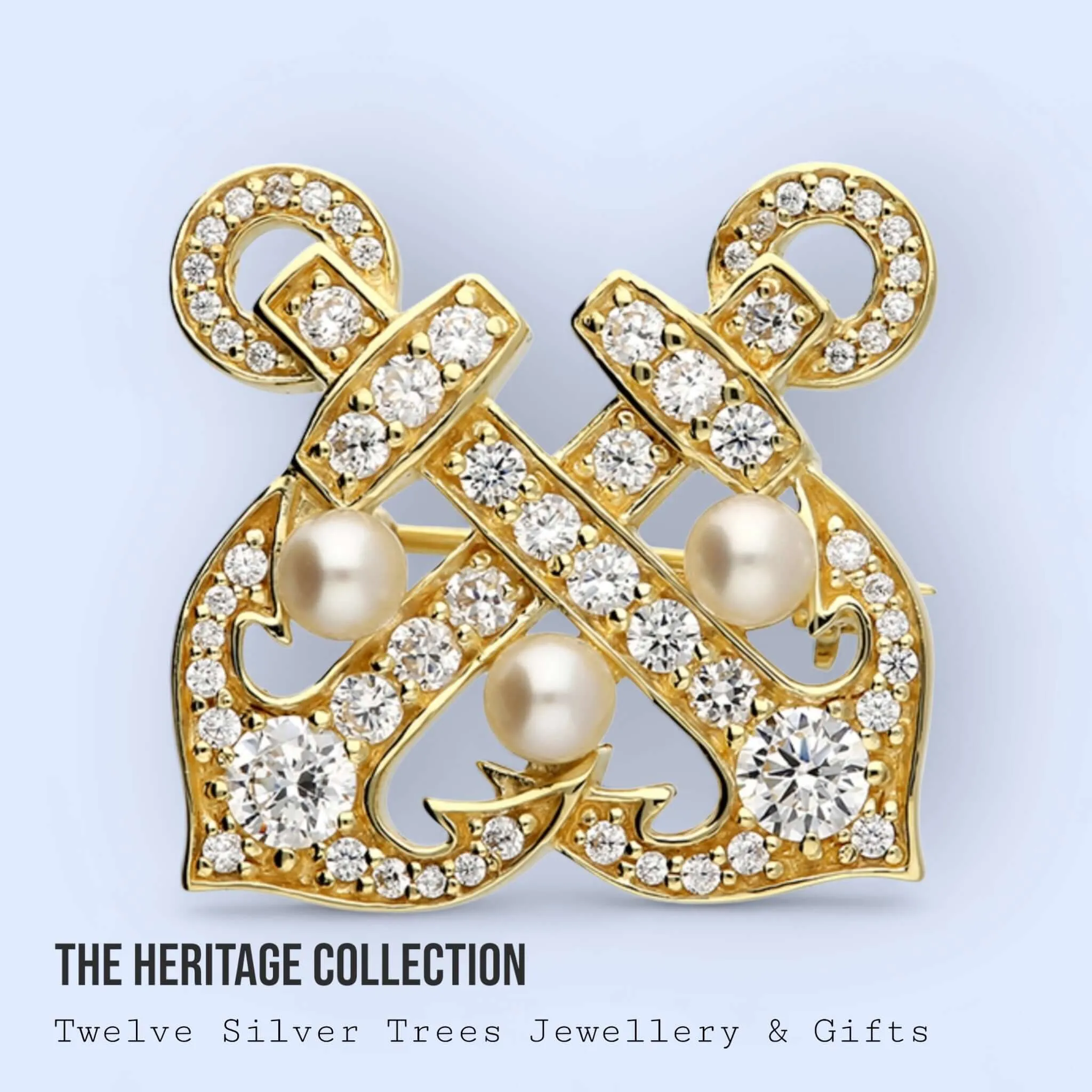 Vintage-Style Double Anchor Brooch with Freshwater Pearls - Sterling Silver & 18 Carat Gold