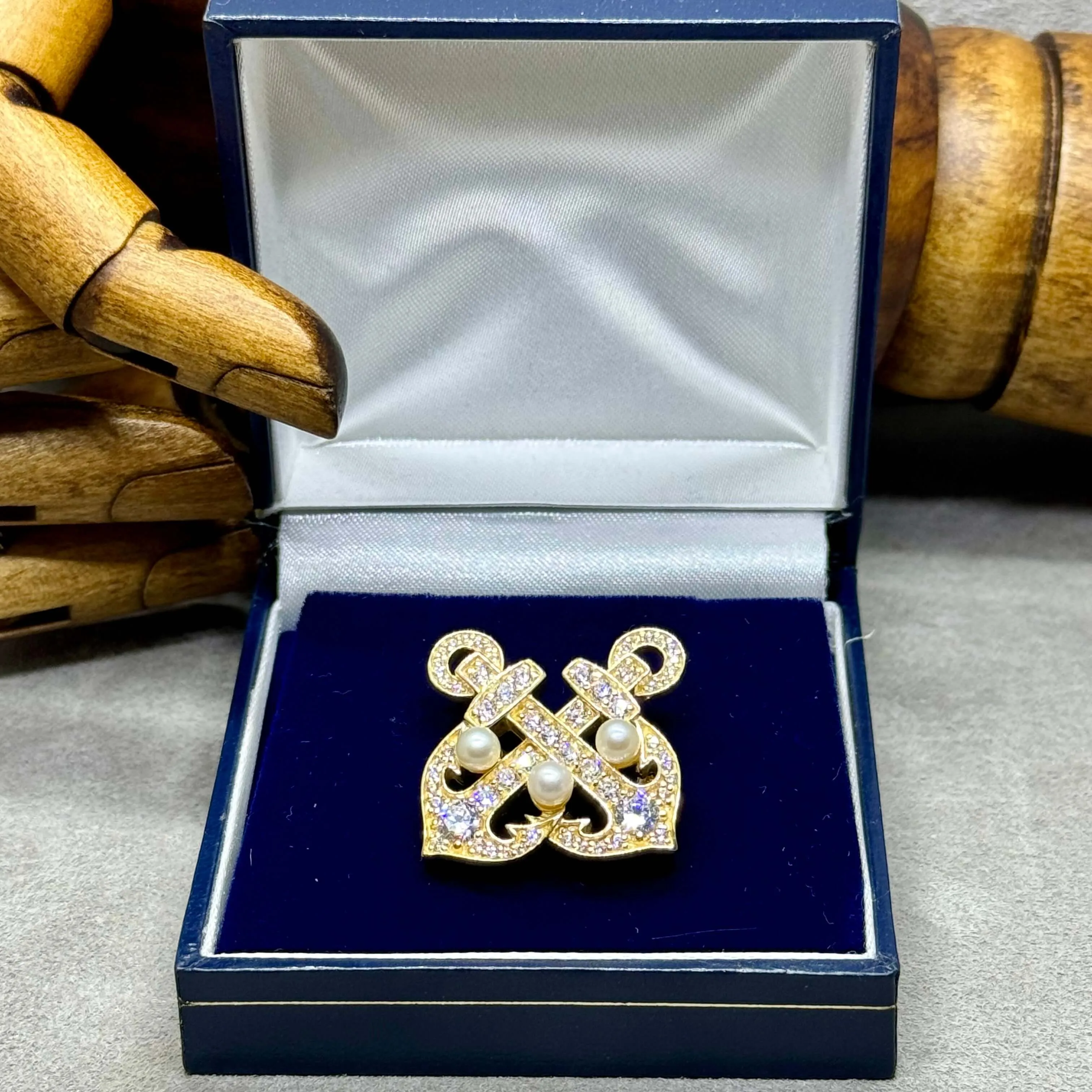 Vintage-Style Double Anchor Brooch with Freshwater Pearls - Sterling Silver & 18 Carat Gold