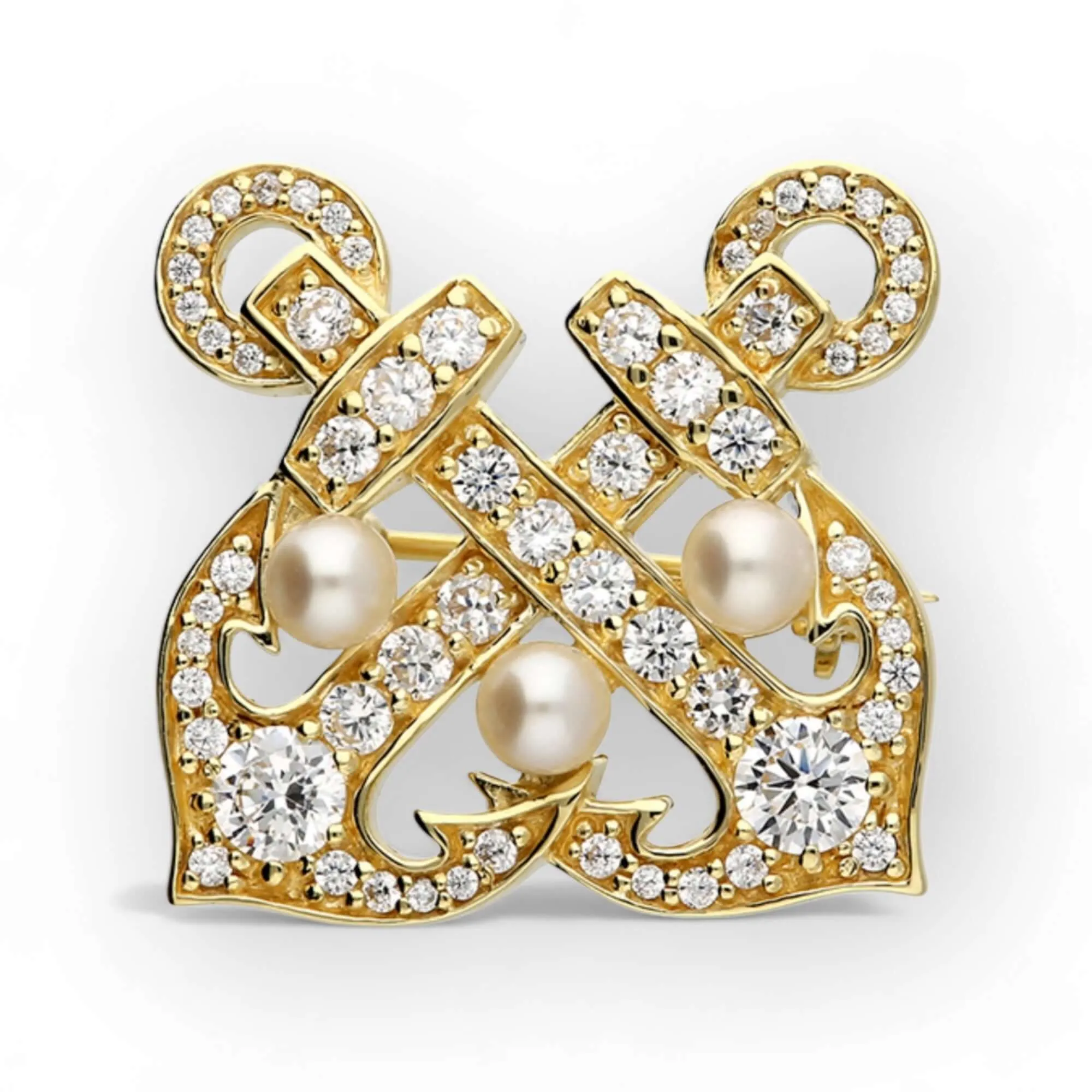 Vintage-Style Double Anchor Brooch with Freshwater Pearls - Sterling Silver & 18 Carat Gold