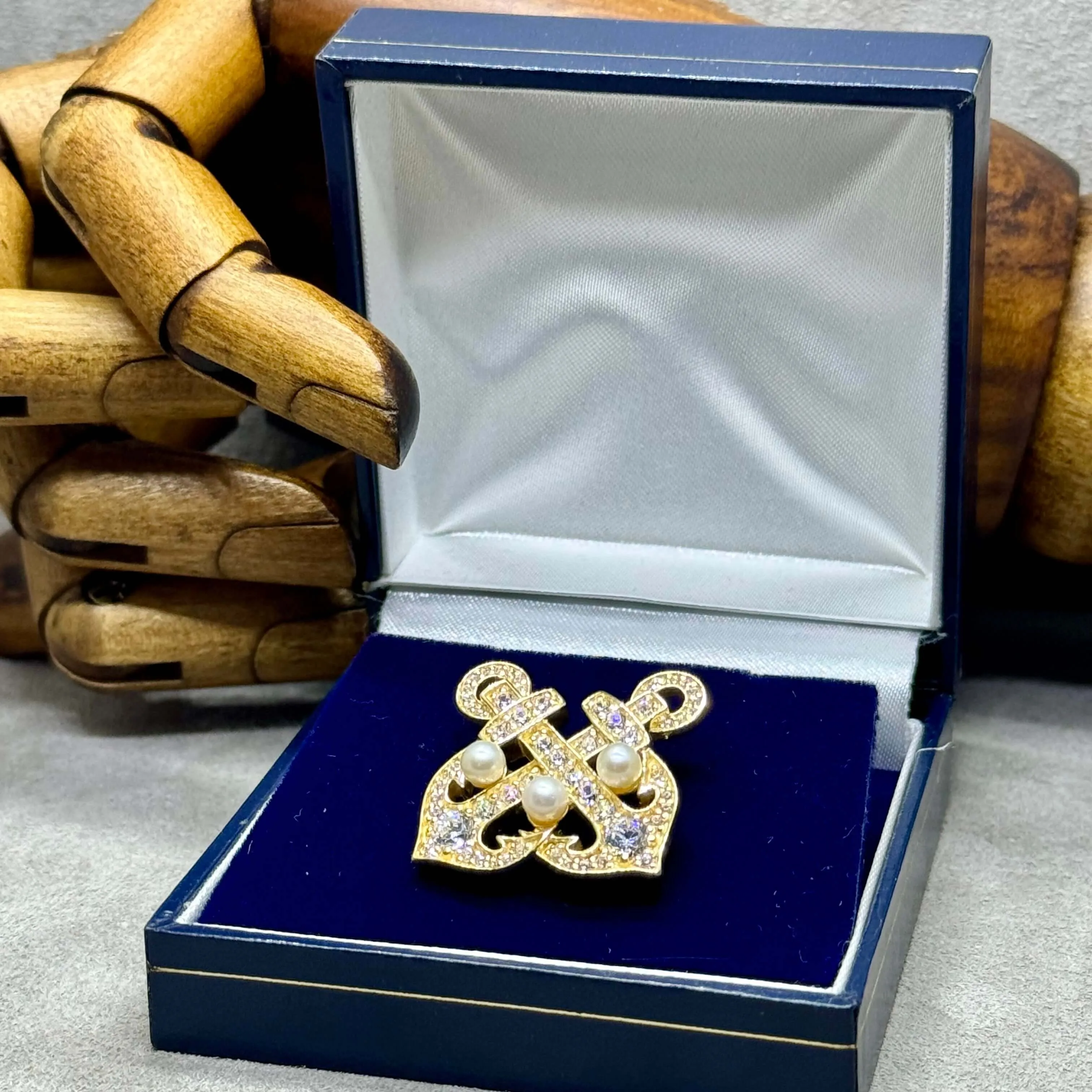 Vintage-Style Double Anchor Brooch with Freshwater Pearls - Sterling Silver & 18 Carat Gold
