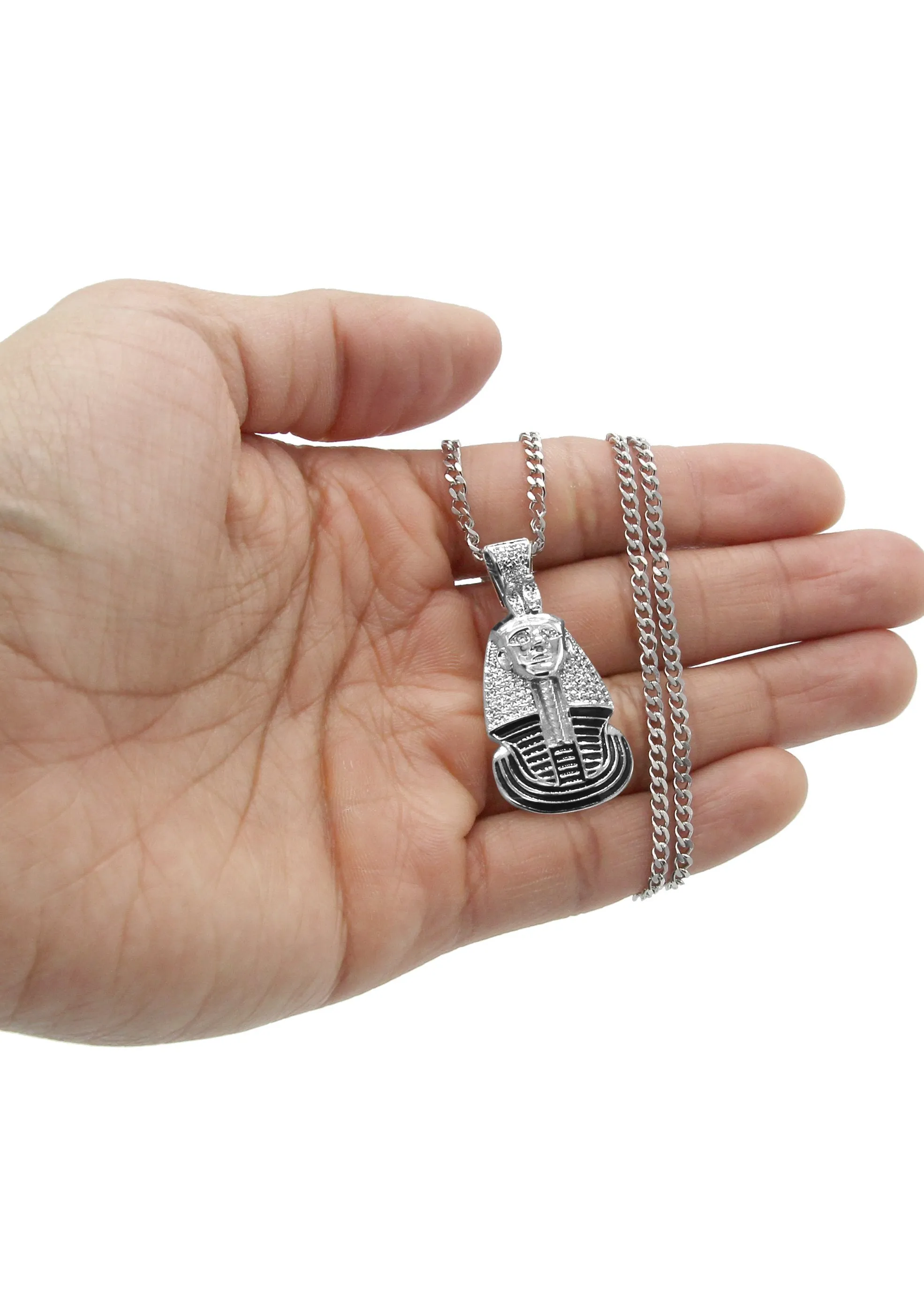 White Gold Plated Cuban Link Chain & Pharaoh Pendant | Appx. 16 Grams