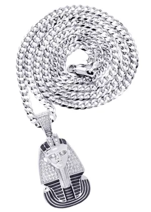 White Gold Plated Cuban Link Chain & Pharaoh Pendant | Appx. 16 Grams