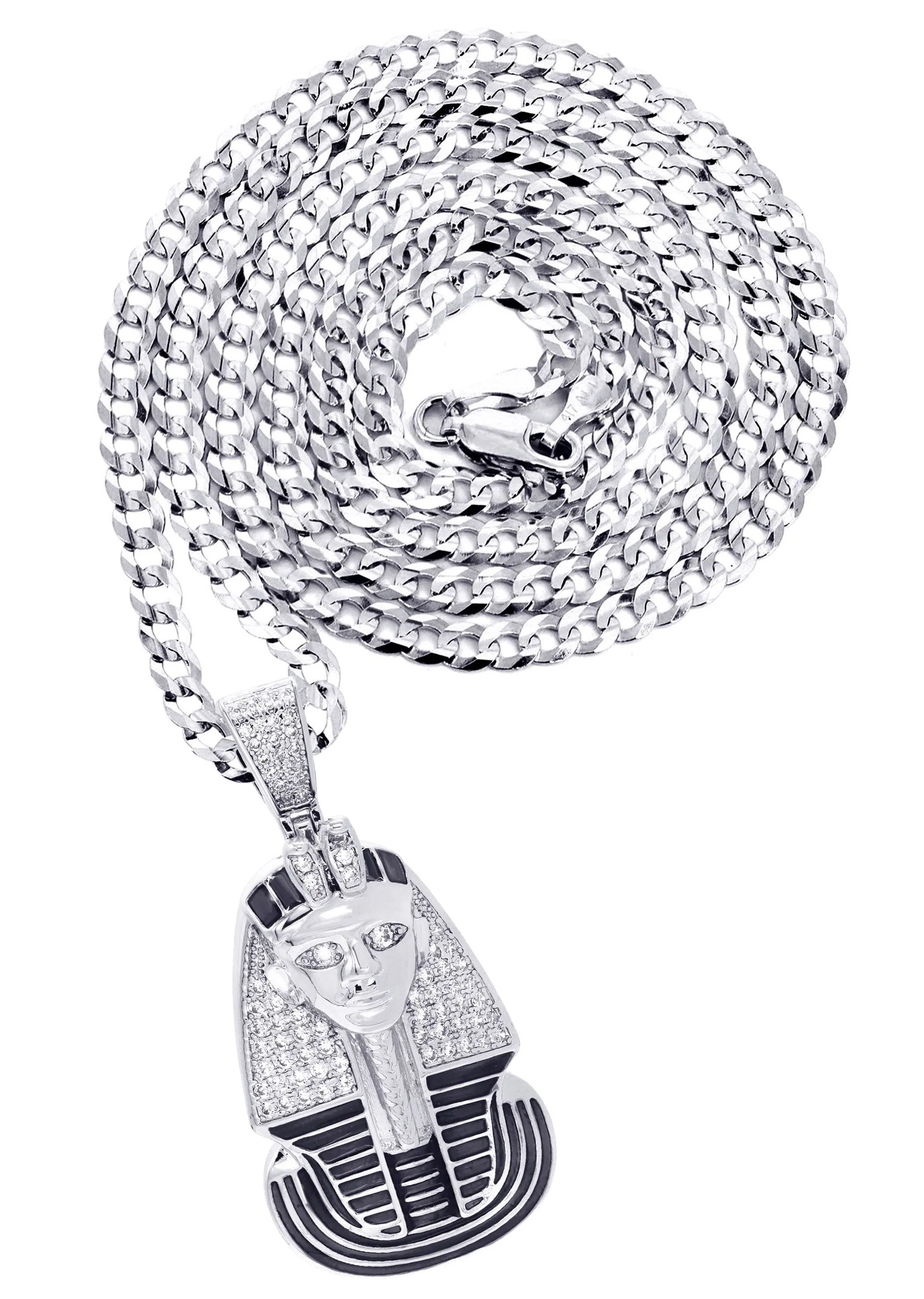 White Gold Plated Cuban Link Chain & Pharaoh Pendant | Appx. 16 Grams