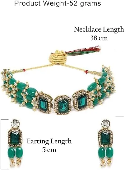 Women Green Stones & Beads Multistrand Indian Traditional Choker Necklace & Earring