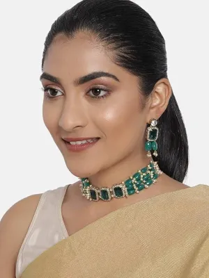 Women Green Stones & Beads Multistrand Indian Traditional Choker Necklace & Earring