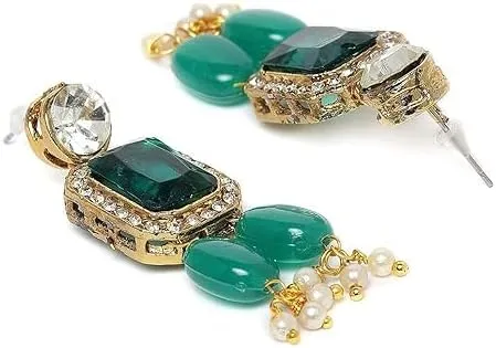 Women Green Stones & Beads Multistrand Indian Traditional Choker Necklace & Earring