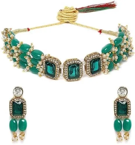 Women Green Stones & Beads Multistrand Indian Traditional Choker Necklace & Earring