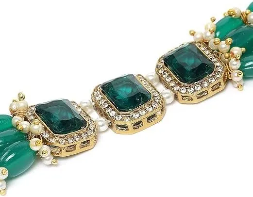 Women Green Stones & Beads Multistrand Indian Traditional Choker Necklace & Earring