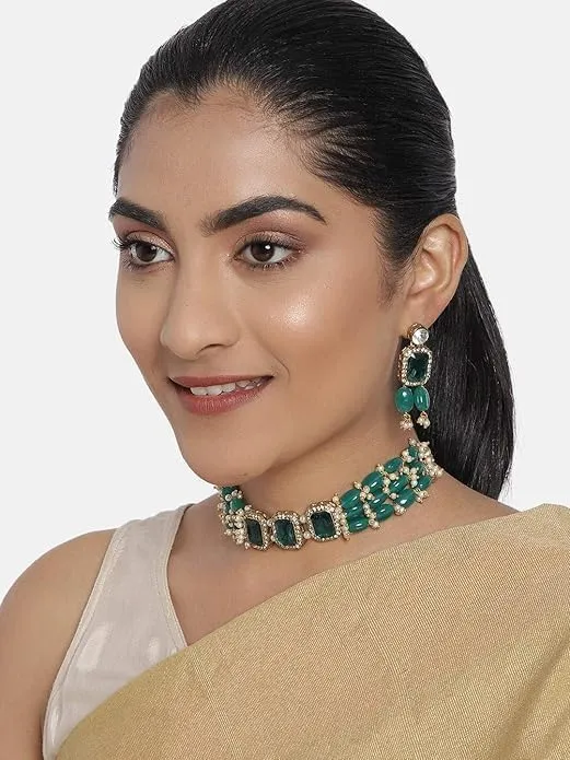 Women Green Stones & Beads Multistrand Indian Traditional Choker Necklace & Earring