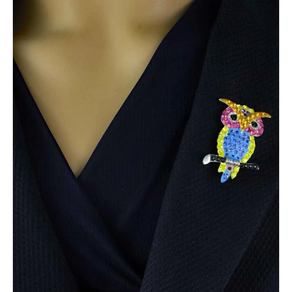 Yellow Pink and Blue Colorful Crystal Owl Pin - PRB510
